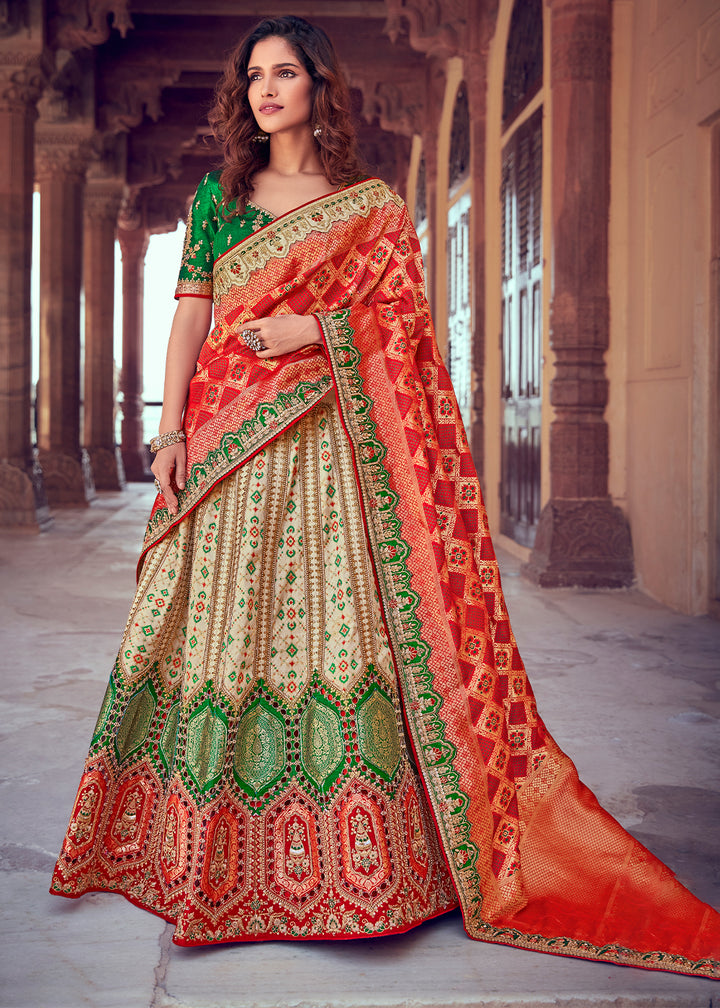 Parchment White & Red Banarasi Silk Lehenga with Zari, Sequins, Khatliwork & Detailed Embroidery