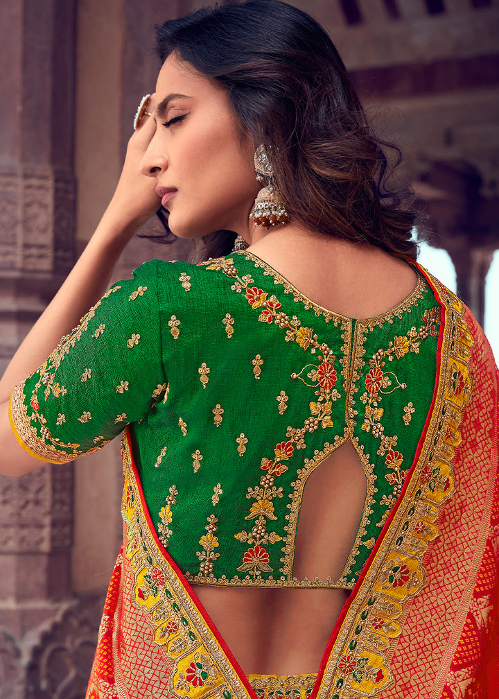 Canary Yellow & Green Banarasi Silk Lehenga with Zari, Sequins, Khatliwork & Detailed Embroidery