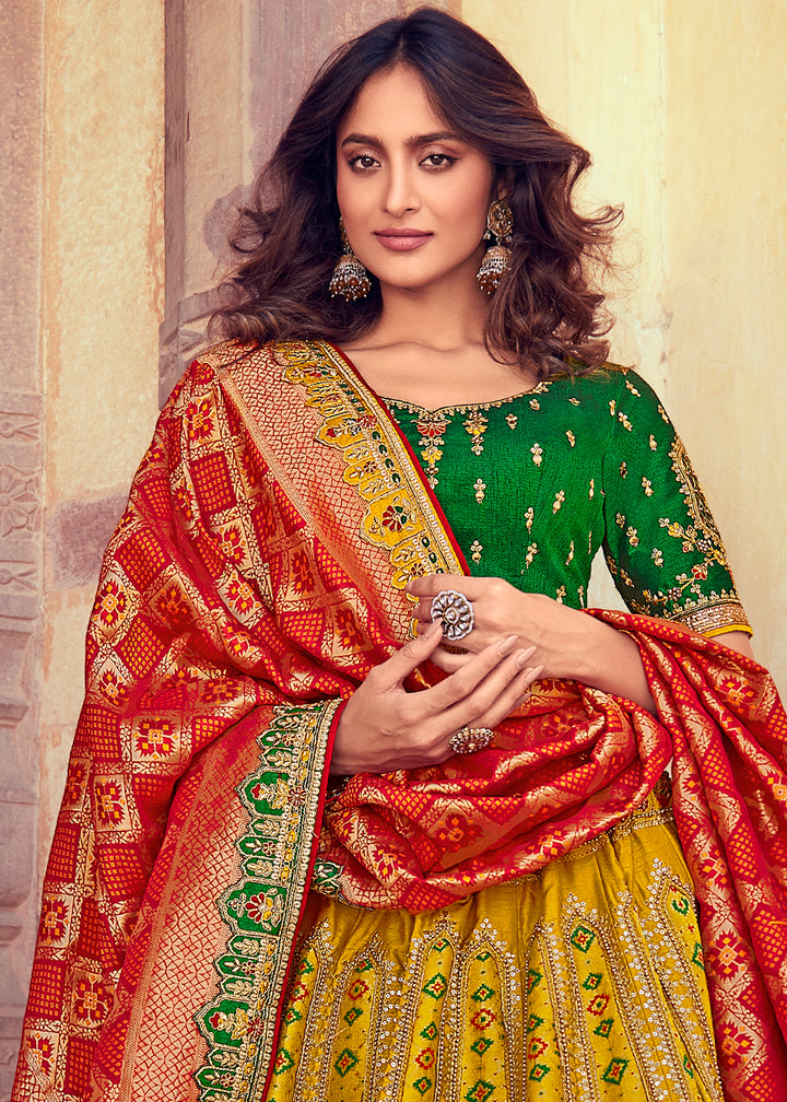 Canary Yellow & Green Banarasi Silk Lehenga with Zari, Sequins, Khatliwork & Detailed Embroidery