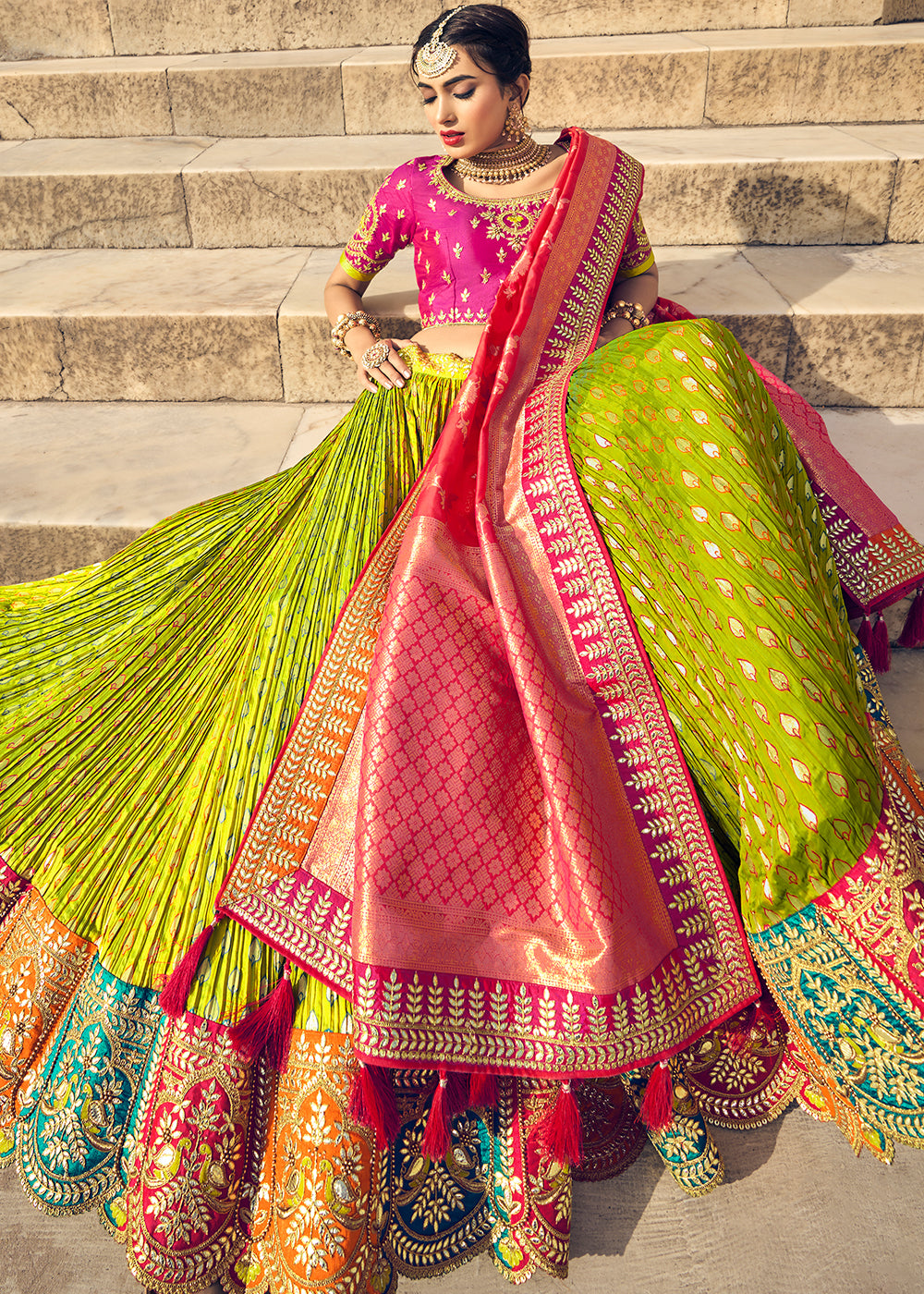 Sheen Green and Pink Banarasi Silk Lehenga with Zari & Resham Details