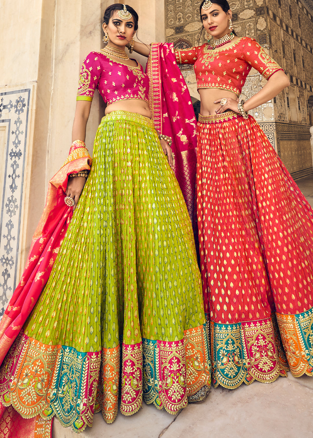 Sheen Green and Pink Banarasi Silk Lehenga with Zari & Resham Details