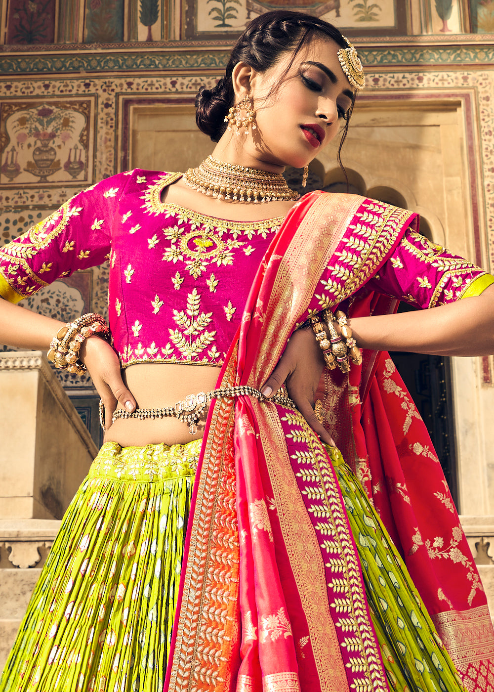 Sheen Green and Pink Banarasi Silk Lehenga with Zari & Resham Details