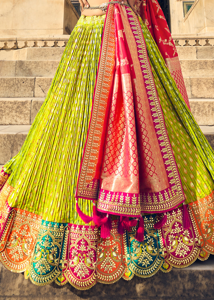 Sheen Green and Pink Banarasi Silk Lehenga with Zari & Resham Details