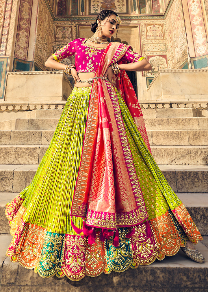 Sheen Green and Pink Banarasi Silk Lehenga with Zari & Resham Details