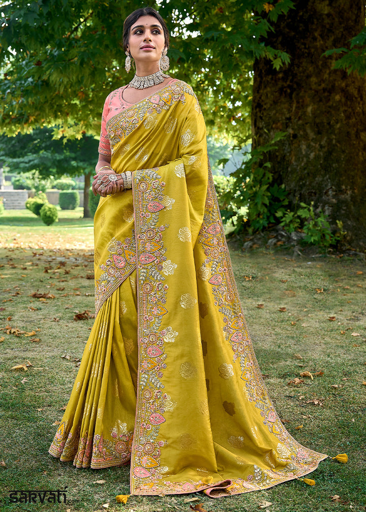 Yellow Green Silk Saree with Crafted Embroidery &amp; Contrast Blouse