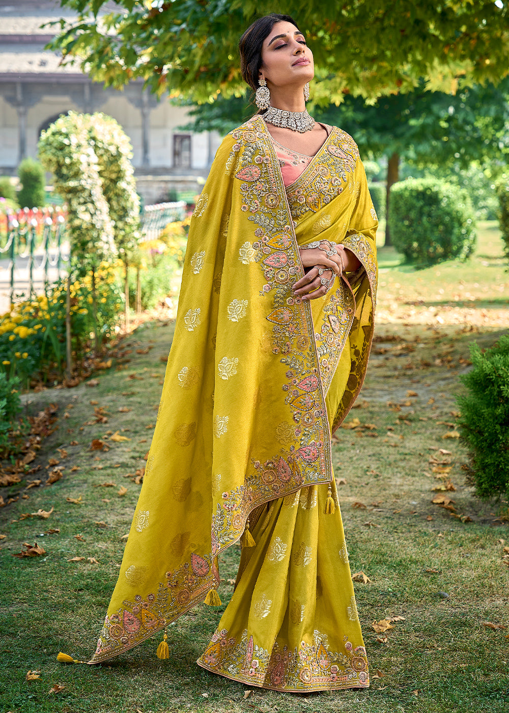 Yellow Green Silk Saree with Crafted Embroidery &amp; Contrast Blouse