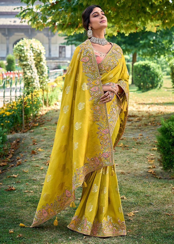 Yellow Green Silk Saree with Crafted Embroidery &amp; Contrast Blouse