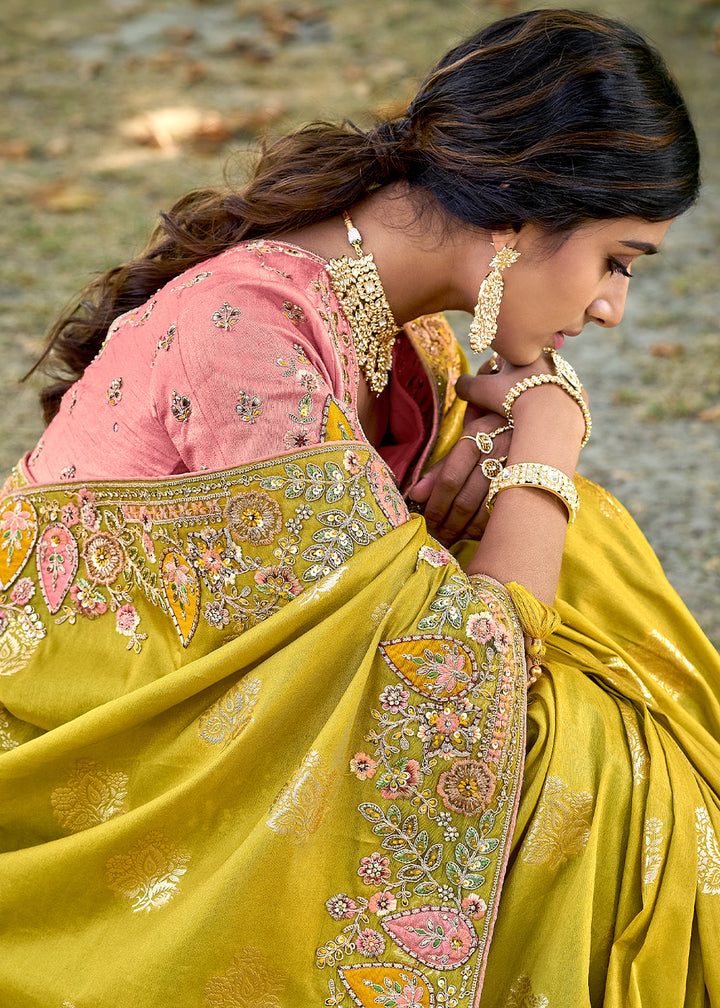Yellow Green Silk Saree with Crafted Embroidery &amp; Contrast Blouse