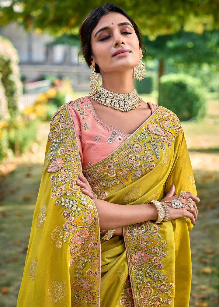 Yellow Green Silk Saree with Crafted Embroidery &amp; Contrast Blouse