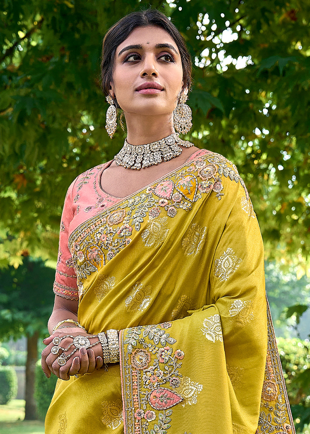Yellow Green Silk Saree with Crafted Embroidery &amp; Contrast Blouse