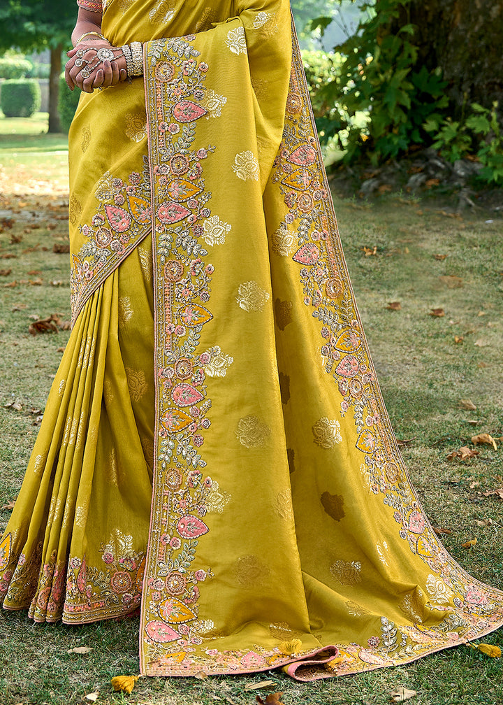 Yellow Green Silk Saree with Crafted Embroidery &amp; Contrast Blouse