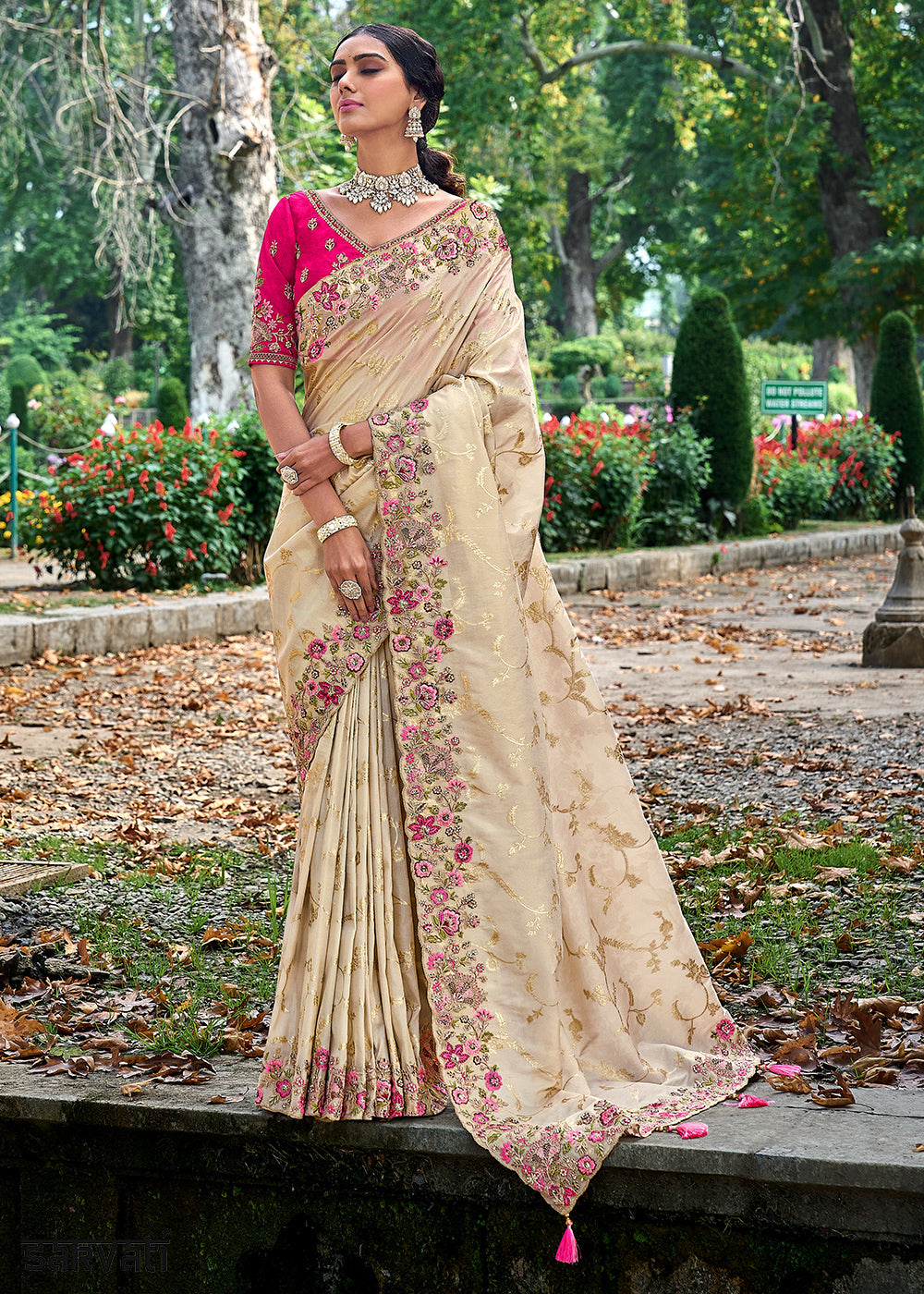 Cream White Silk Saree with Crafted Embroidery &amp; Contrast Blouse