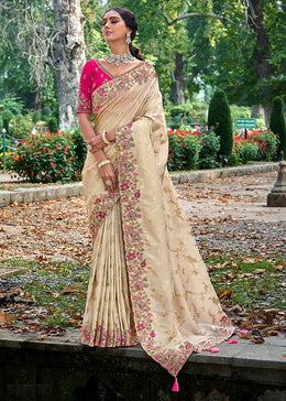 Cream White Silk Saree with Crafted Embroidery & Contrast Blouse