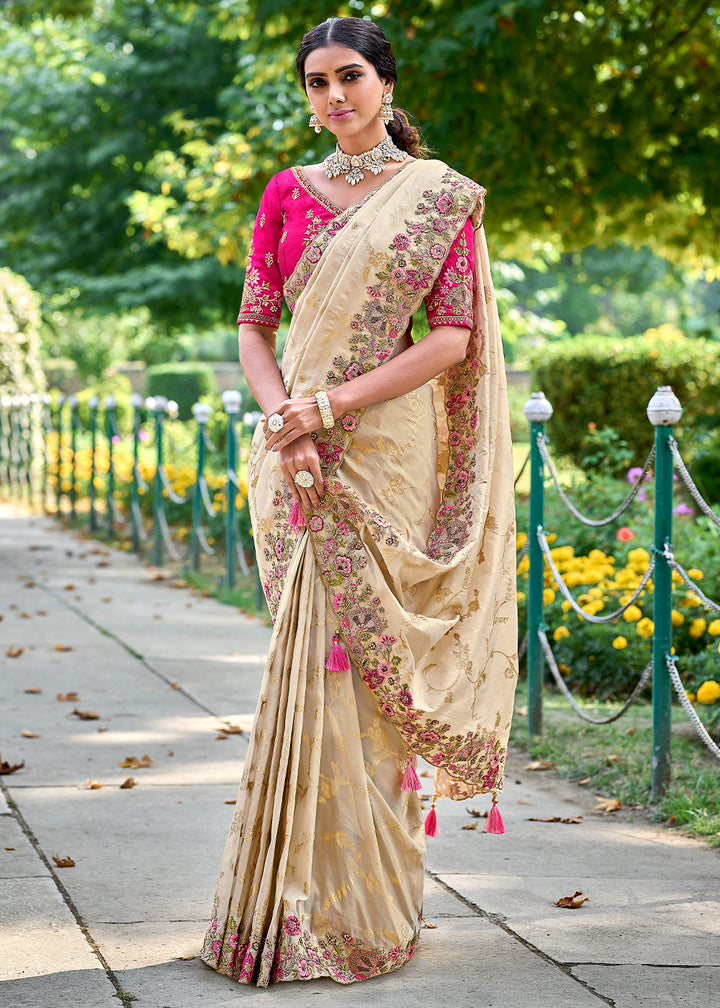 Cream White Silk Saree with Crafted Embroidery &amp; Contrast Blouse