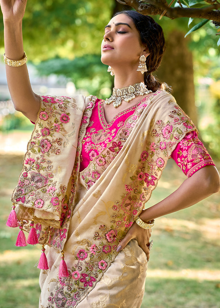 Cream White Silk Saree with Crafted Embroidery &amp; Contrast Blouse