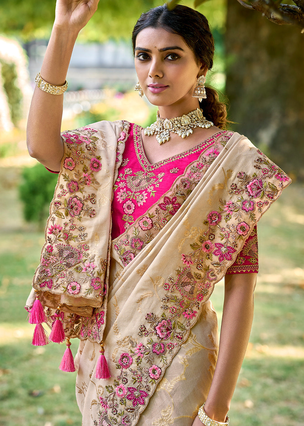 Cream White Silk Saree with Crafted Embroidery &amp; Contrast Blouse