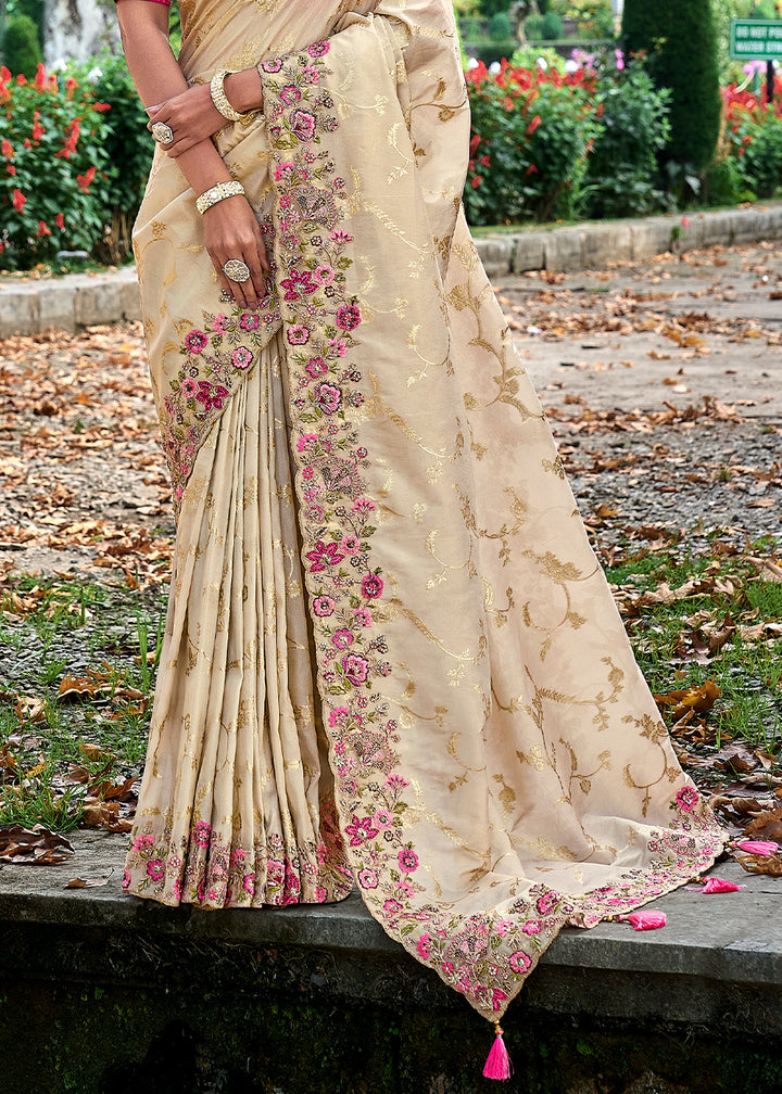 Cream White Silk Saree with Crafted Embroidery &amp; Contrast Blouse