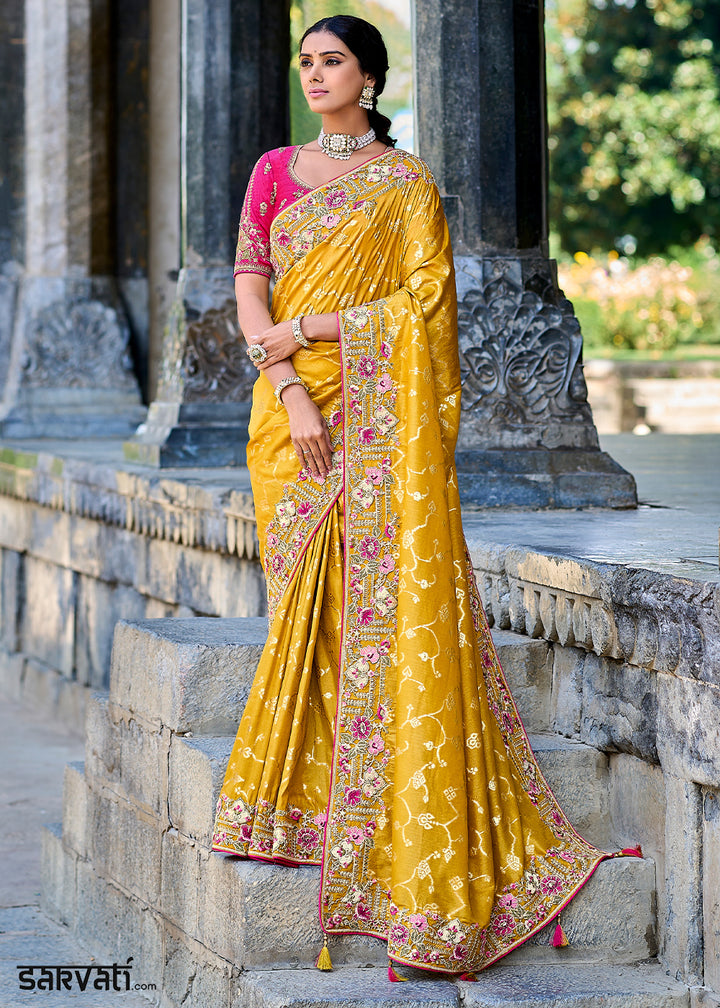 Mustard Yellow Silk Saree with Crafted Embroidery &amp; Contrast Blouse