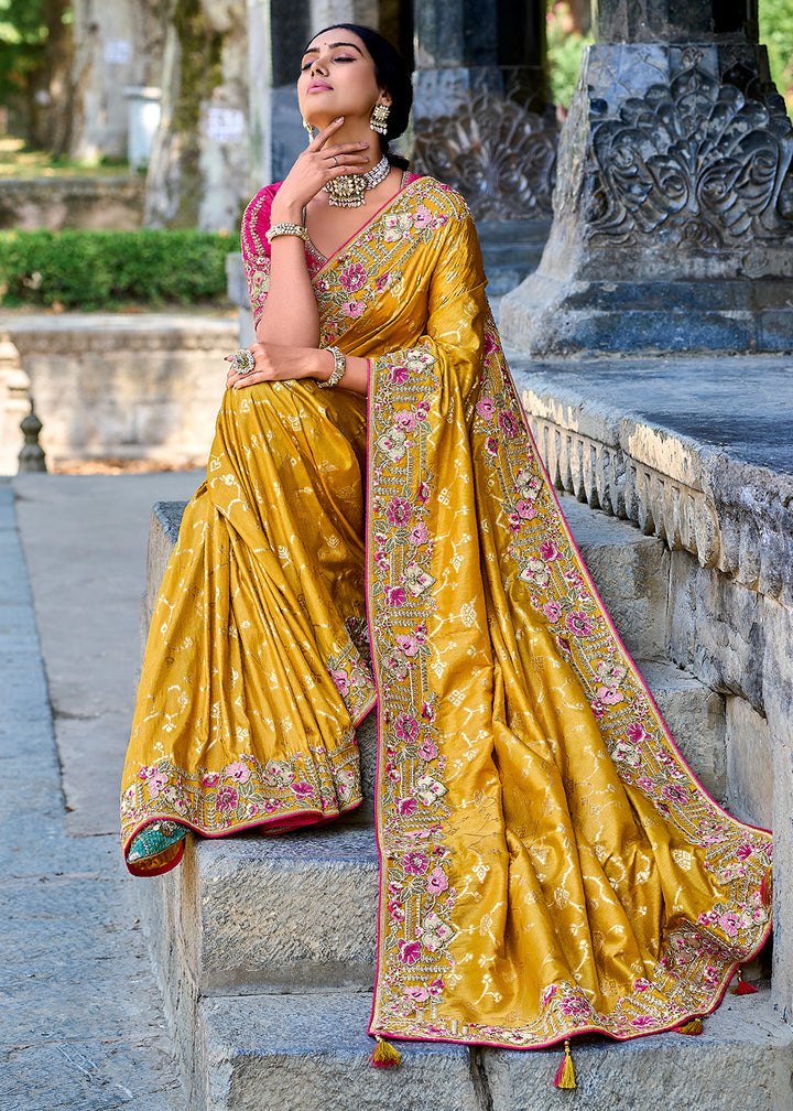 Mustard Yellow Silk Saree with Crafted Embroidery &amp; Contrast Blouse