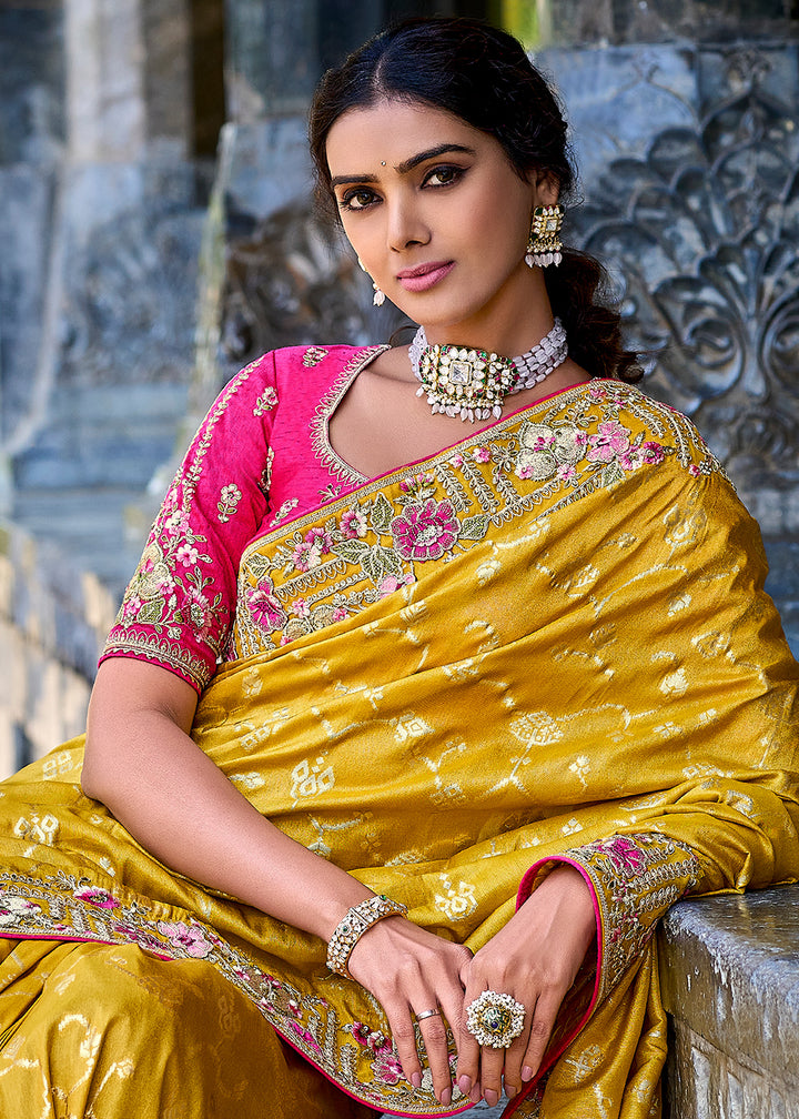 Mustard Yellow Silk Saree with Crafted Embroidery &amp; Contrast Blouse