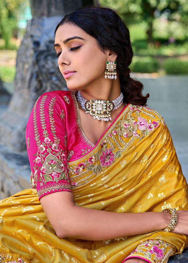 Mustard Yellow Silk Saree with Crafted Embroidery &amp; Contrast Blouse