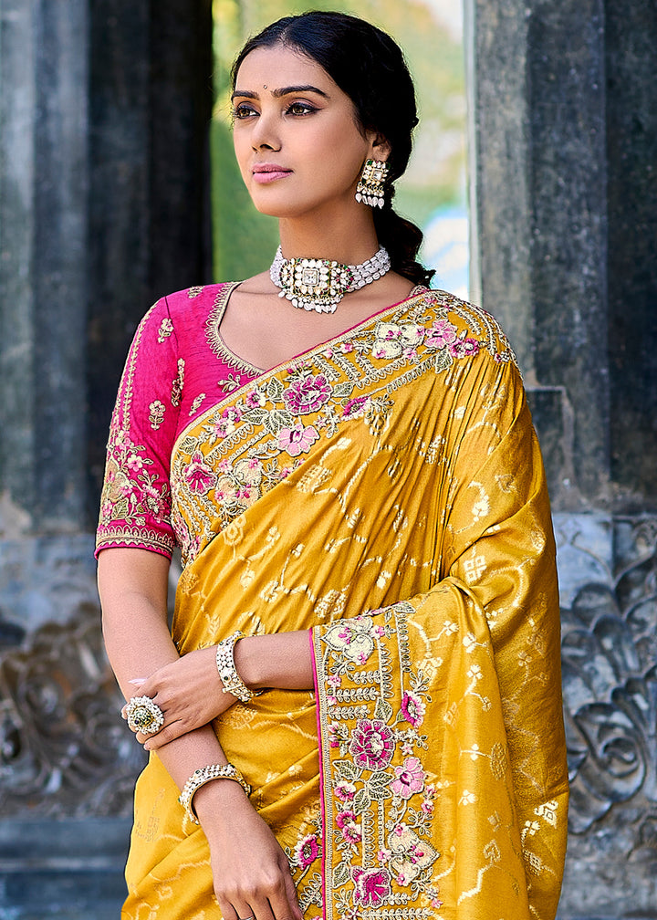 Mustard Yellow Silk Saree with Crafted Embroidery &amp; Contrast Blouse