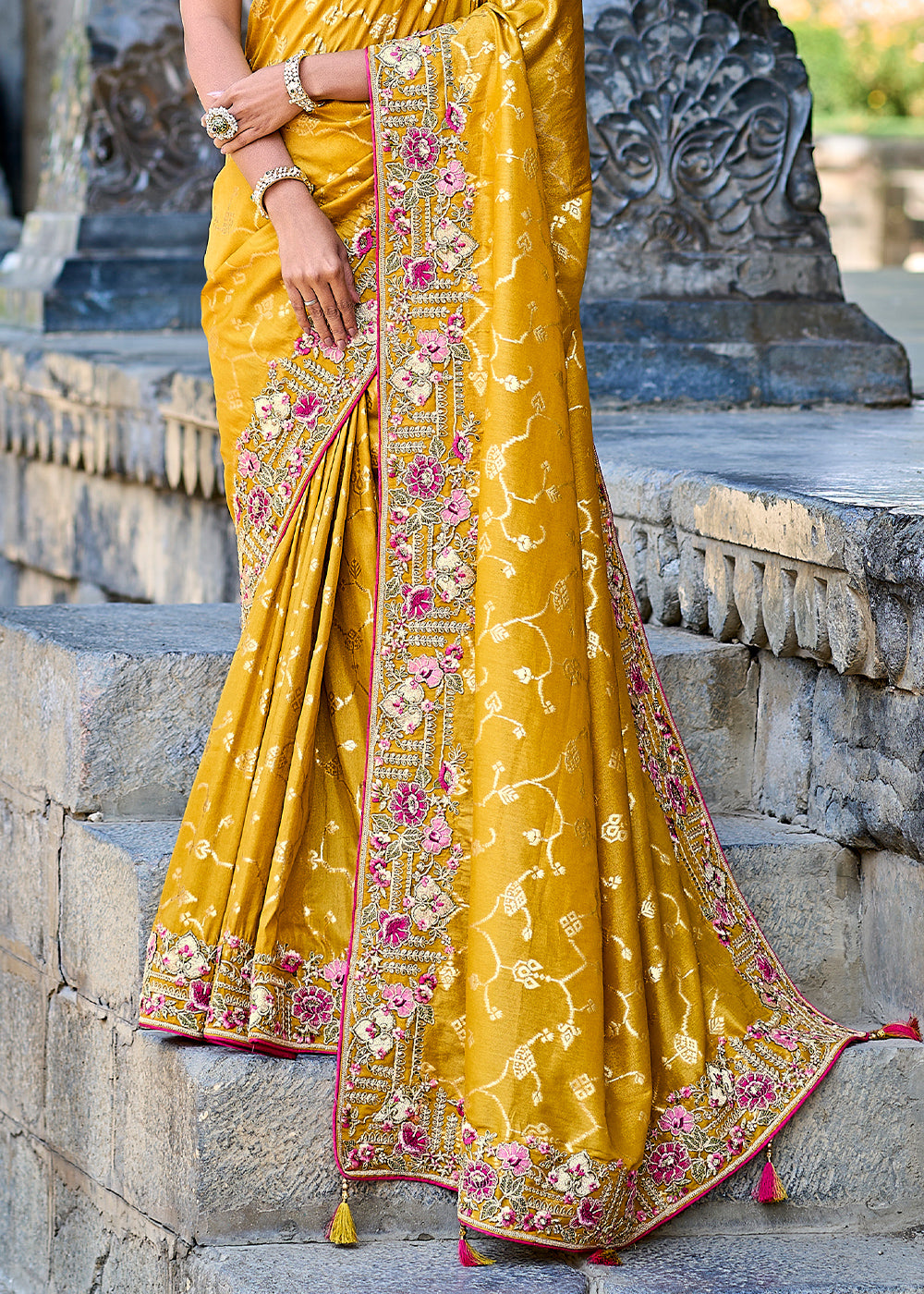 Mustard Yellow Silk Saree with Crafted Embroidery &amp; Contrast Blouse