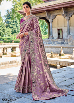 Sunset Purple Silk Saree with Crafted Embroidery & Contrast Blouse