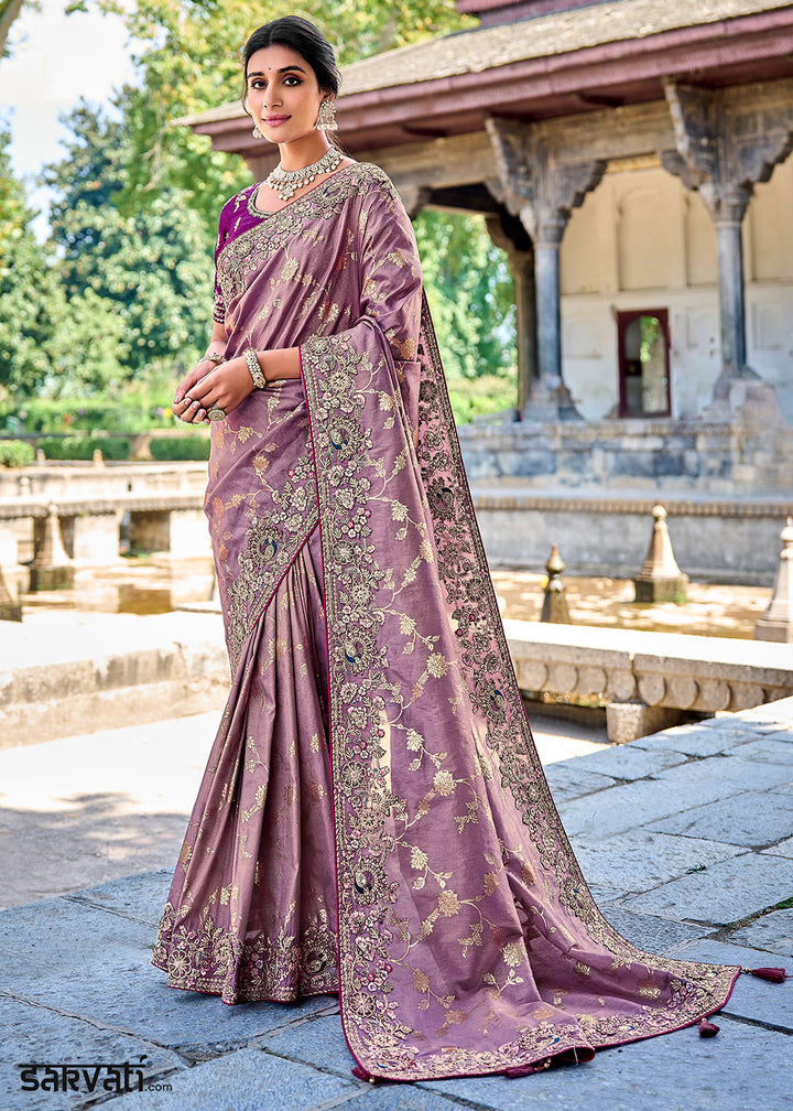 Sunset Purple Silk Saree with Crafted Embroidery &amp; Contrast Blouse