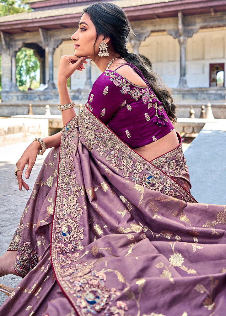 Sunset Purple Silk Saree with Crafted Embroidery &amp; Contrast Blouse