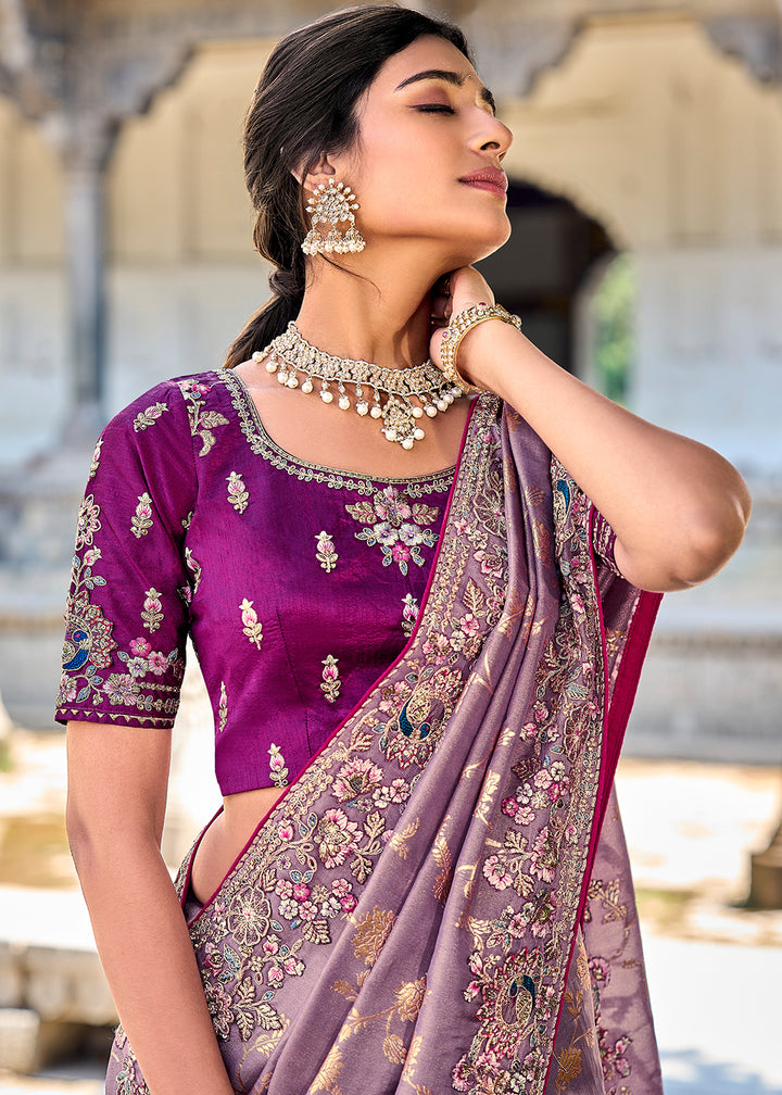 Sunset Purple Silk Saree with Crafted Embroidery &amp; Contrast Blouse