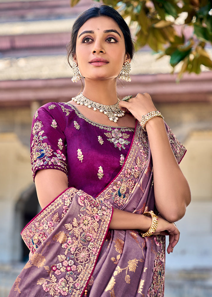 Sunset Purple Silk Saree with Crafted Embroidery &amp; Contrast Blouse