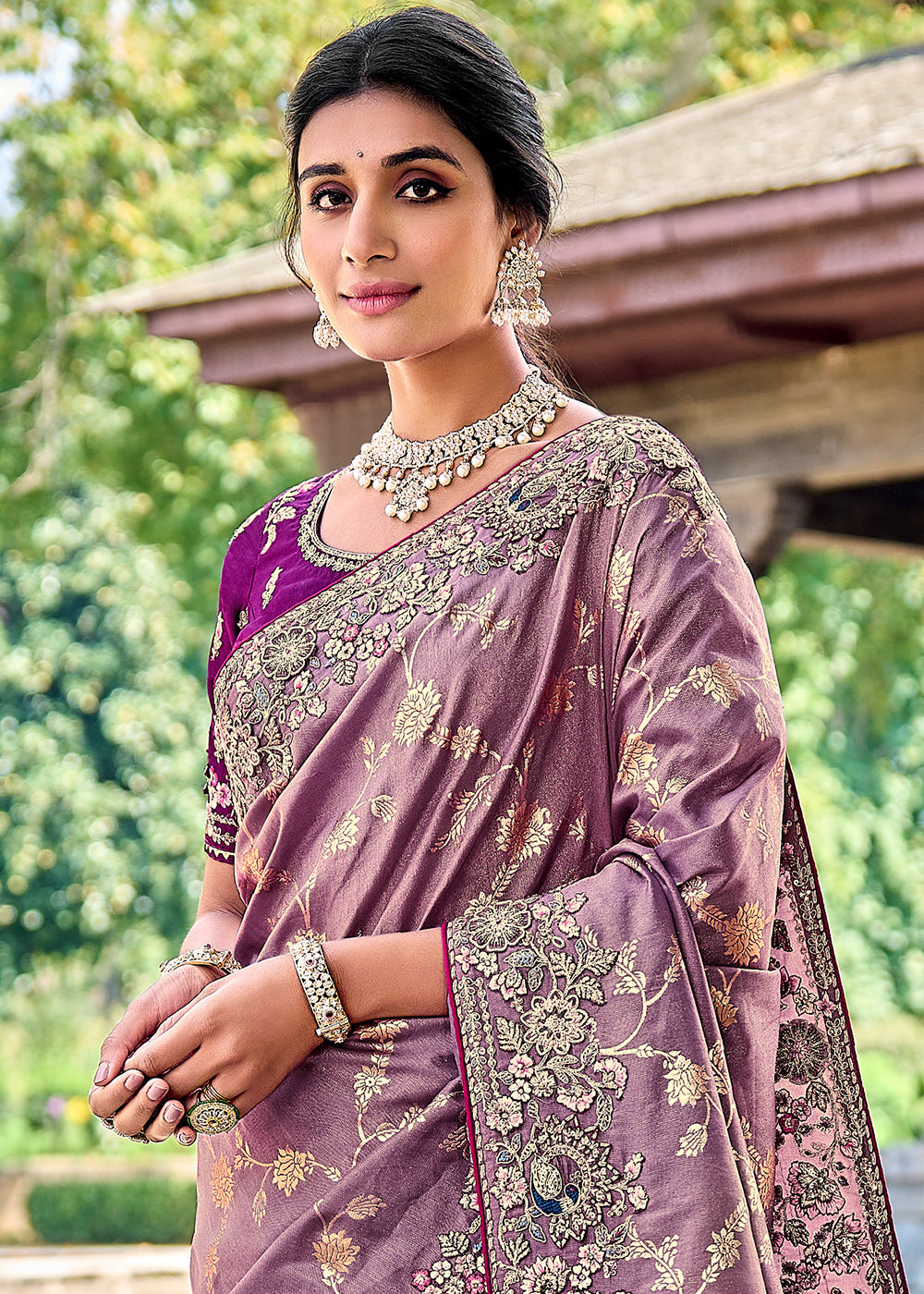 Sunset Purple Silk Saree with Crafted Embroidery &amp; Contrast Blouse