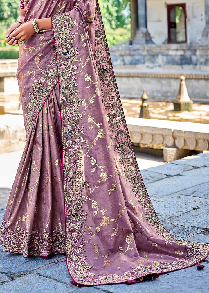 Sunset Purple Silk Saree with Crafted Embroidery &amp; Contrast Blouse
