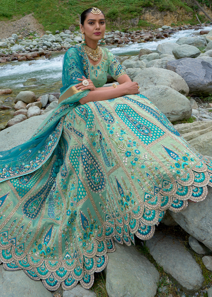 Shades Of Blue Banarasi Silk Lehenga Choli with Embroidery, Zari & Stone Work