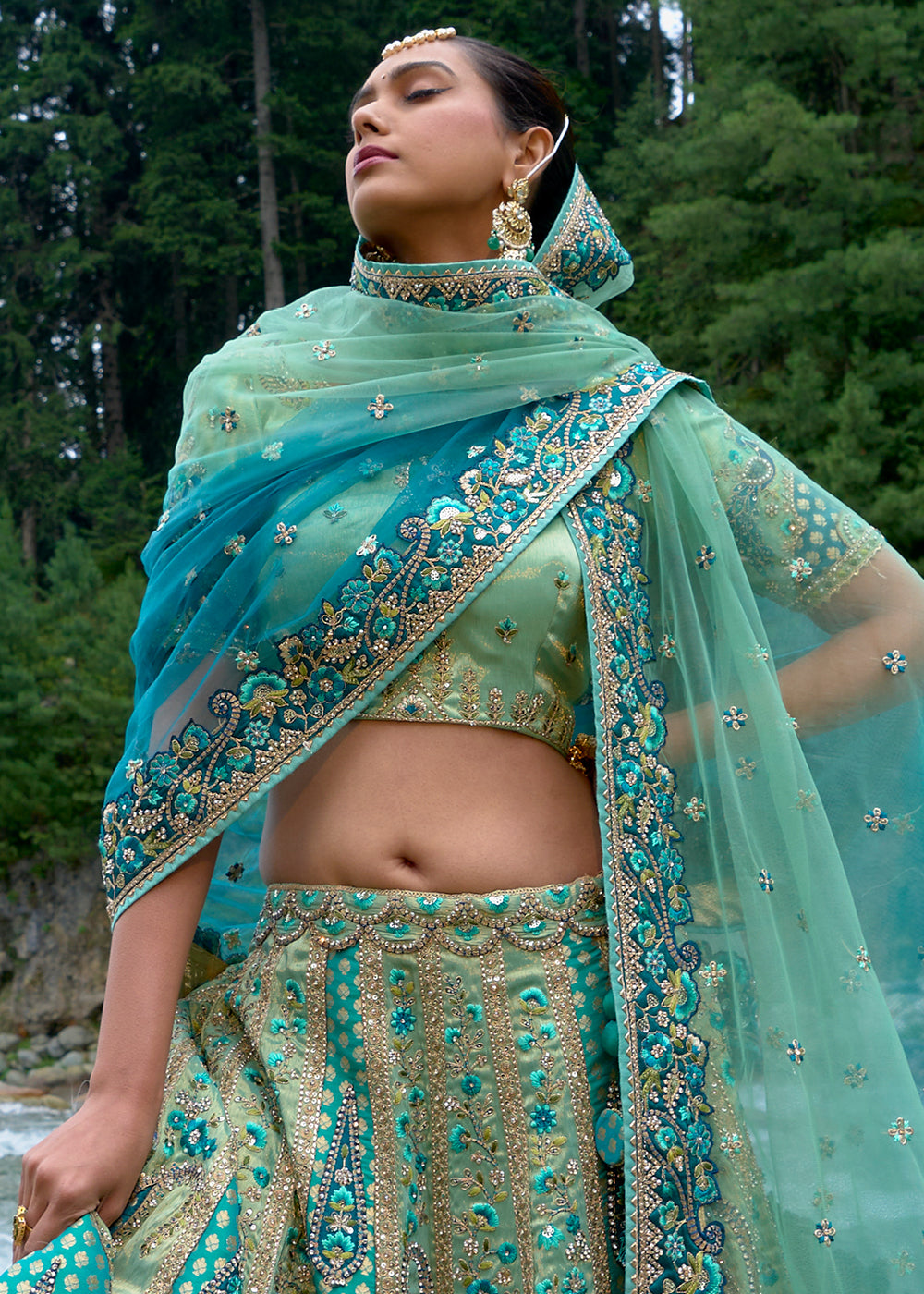 Shades Of Blue Banarasi Silk Lehenga Choli with Embroidery, Zari & Stone Work