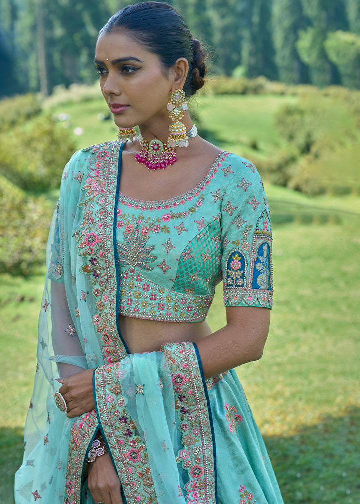 Turquoise Blue Banarasi Silk Lehenga Choli with Embroidery, Zari & Stone Work