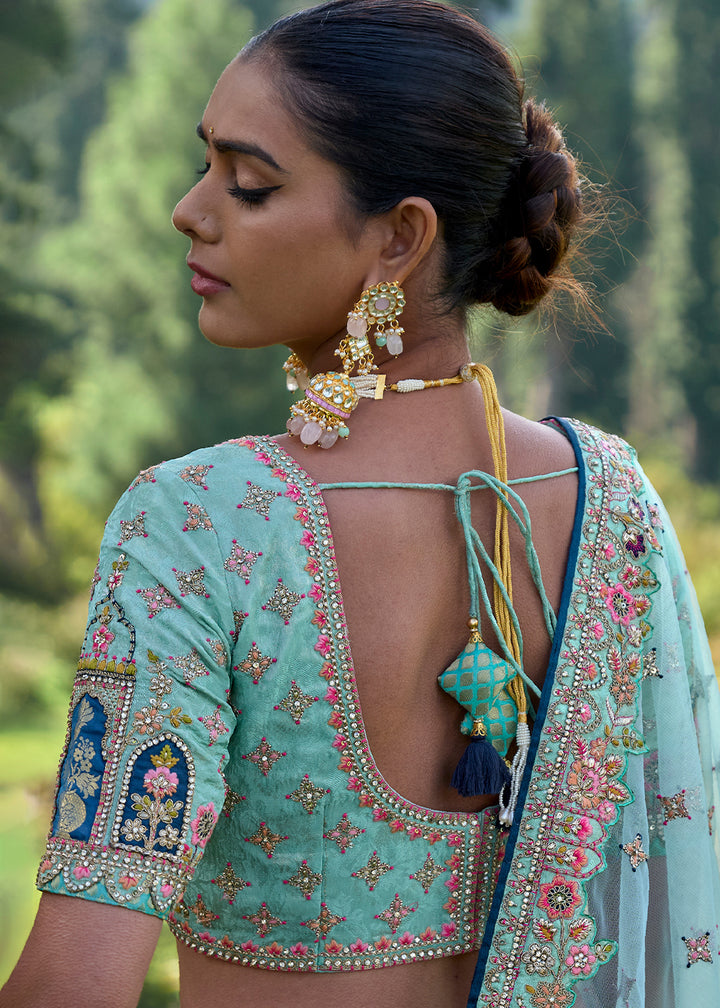 Turquoise Blue Banarasi Silk Lehenga Choli with Embroidery, Zari & Stone Work