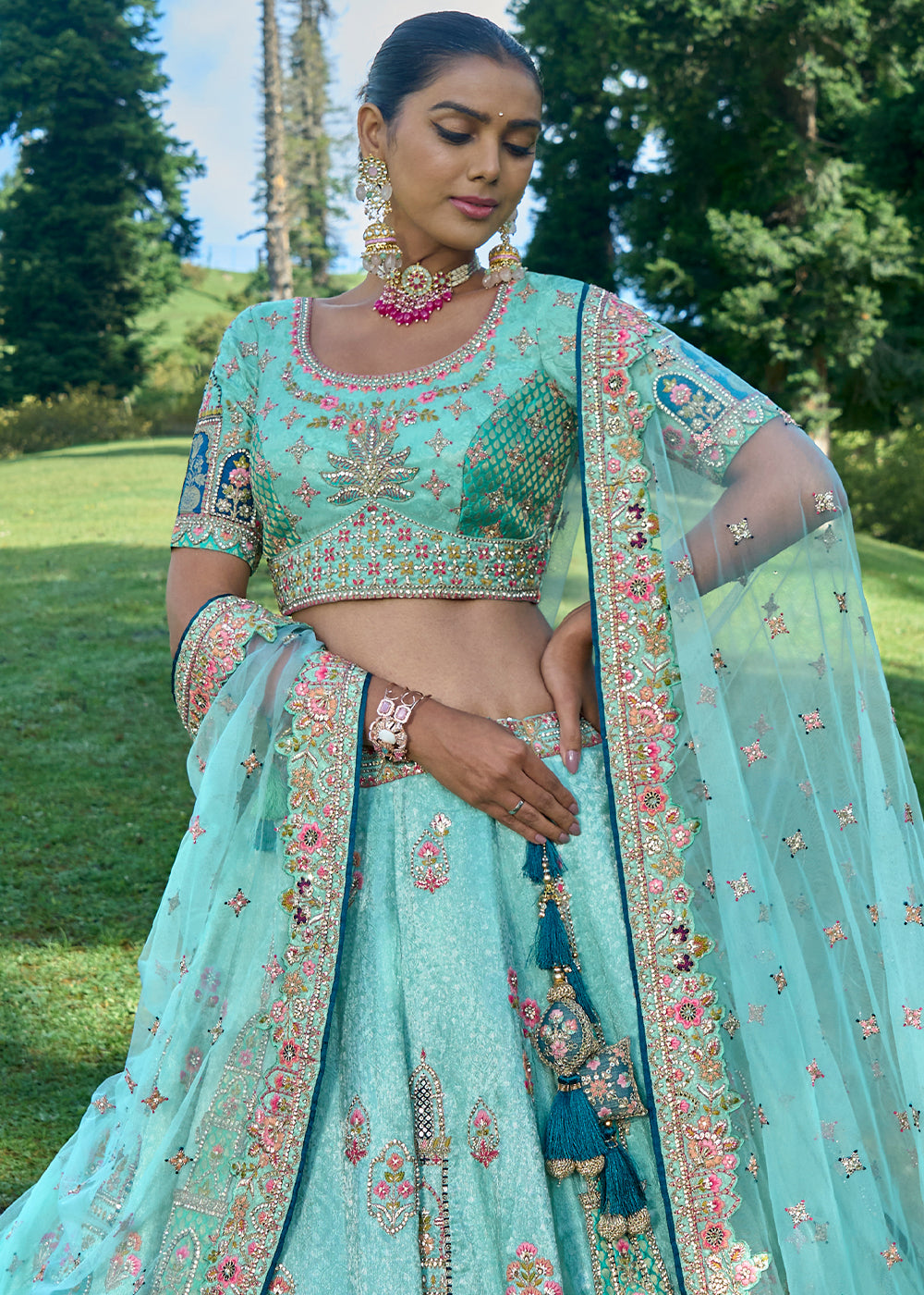 Turquoise Blue Banarasi Silk Lehenga Choli with Embroidery, Zari & Stone Work