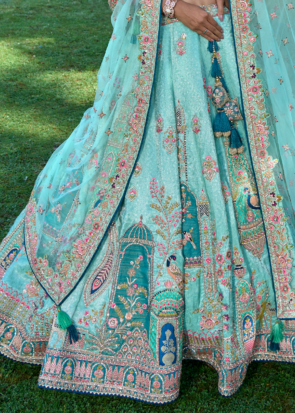 Turquoise Blue Banarasi Silk Lehenga Choli with Embroidery, Zari & Stone Work