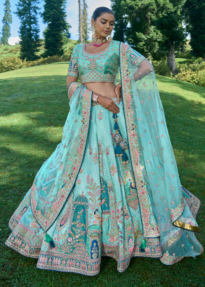 Turquoise Blue Banarasi Silk Lehenga Choli with Embroidery, Zari & Stone Work