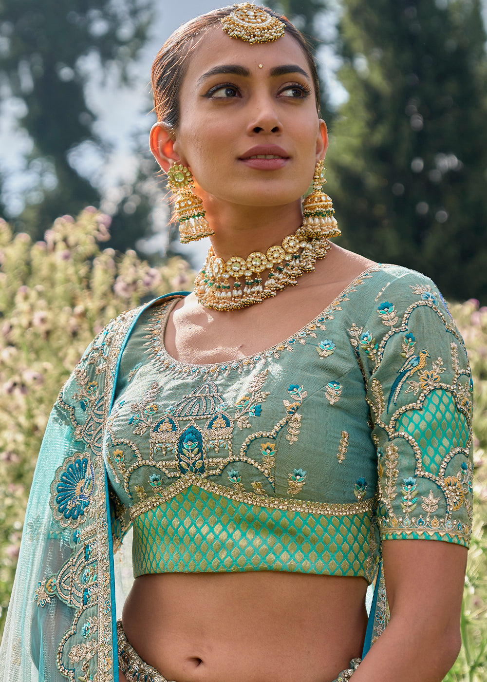 Shades Of Blue Tissue Silk Lehenga Choli with Embroidery, Zari & Stone Work