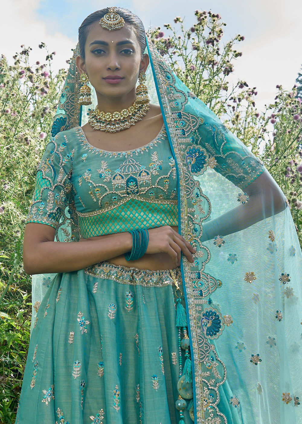 Shades Of Blue Tissue Silk Lehenga Choli with Embroidery, Zari & Stone Work