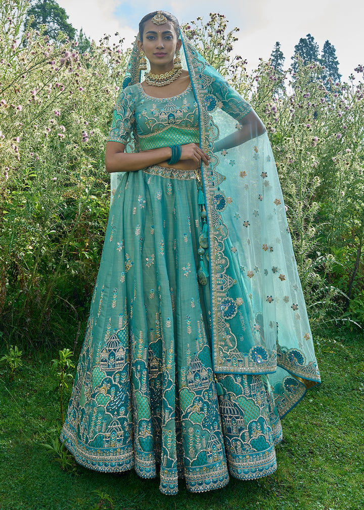 Shades Of Blue Tissue Silk Lehenga Choli with Embroidery, Zari & Stone Work