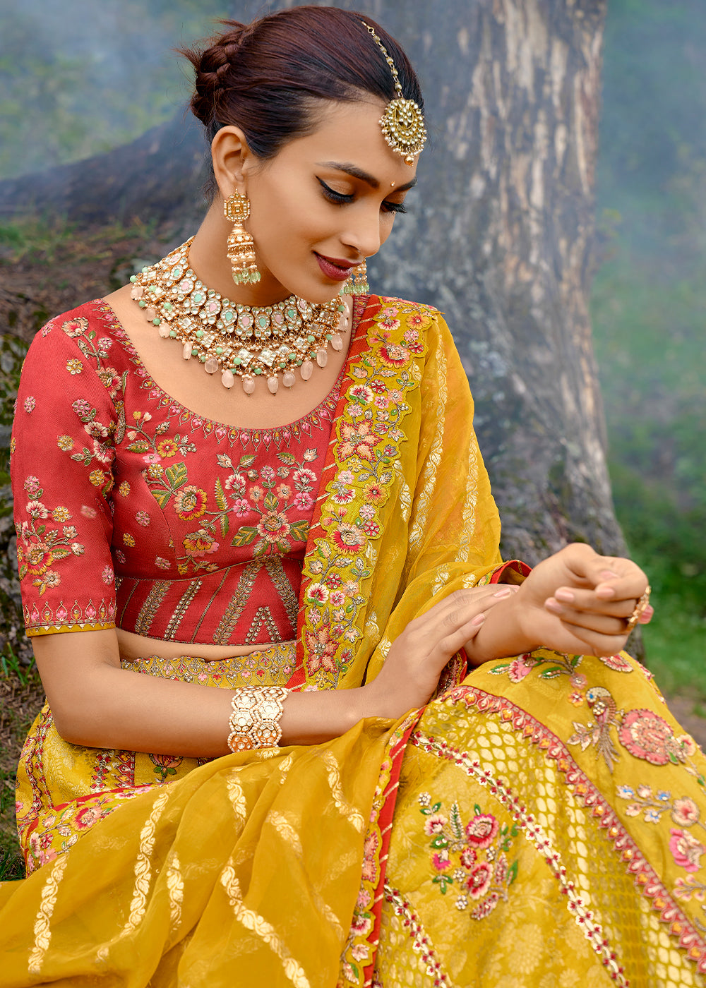 Tuscany Yellow Dola Silk Lehenga Choli with Embroidery, Zari, Resham & Stone Work