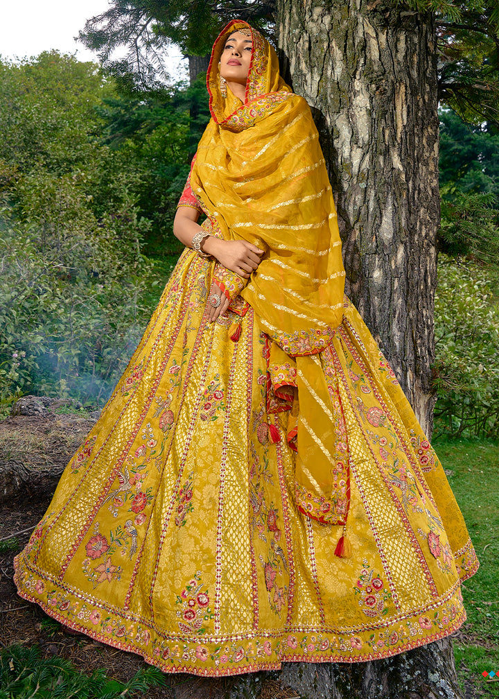 Tuscany Yellow Dola Silk Lehenga Choli with Embroidery, Zari, Resham & Stone Work