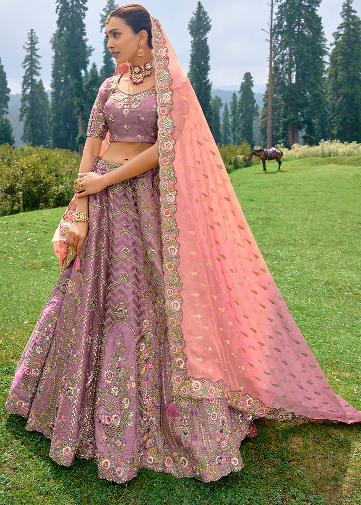 Soft Purple Dola Silk Lehenga Choli with Embroidery, Zari, Resham & Stone Work