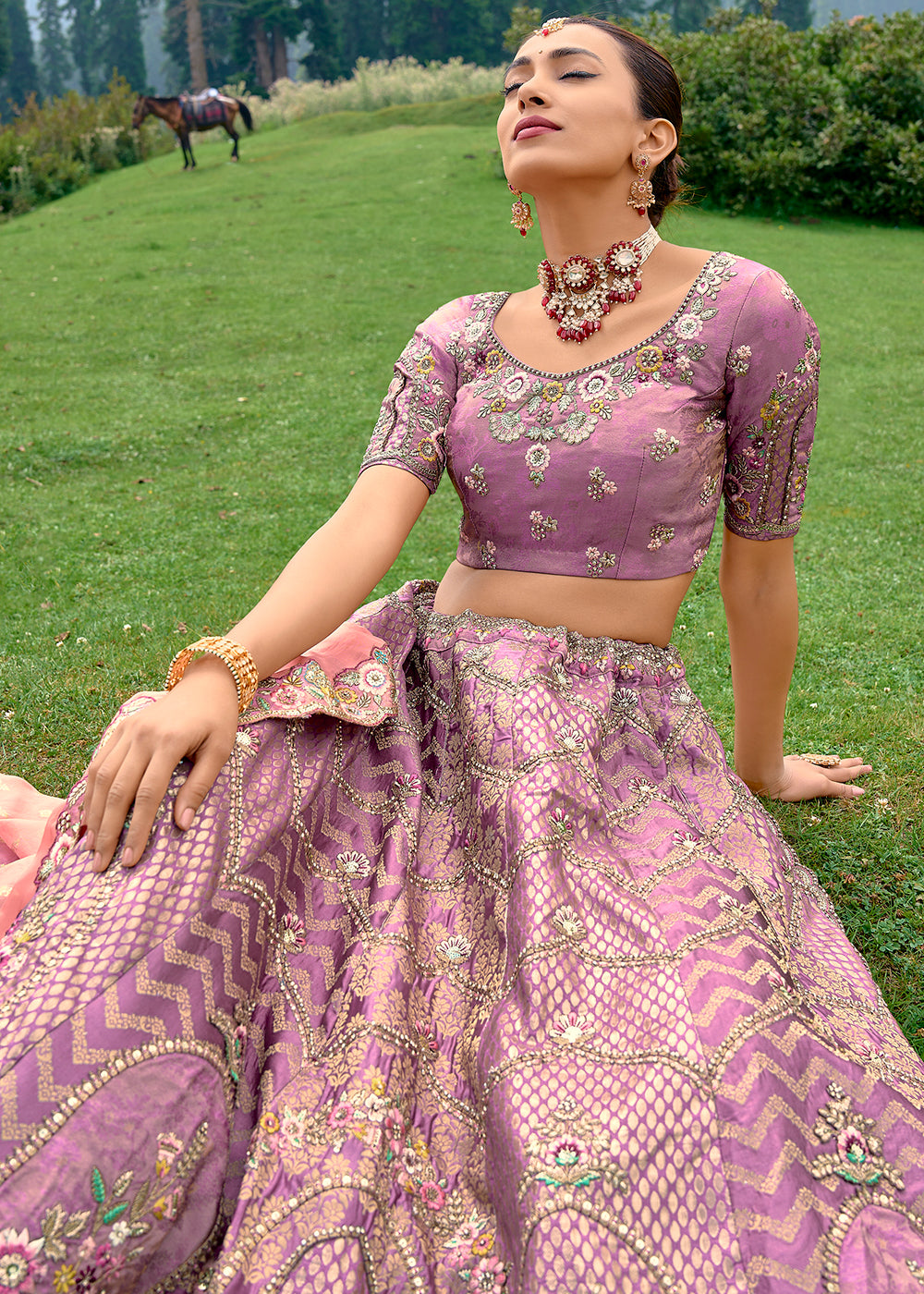 Soft Purple Dola Silk Lehenga Choli with Embroidery, Zari, Resham & Stone Work