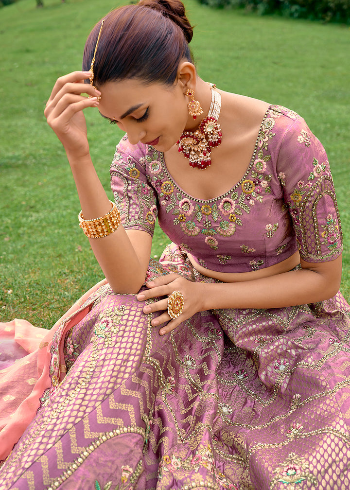 Soft Purple Dola Silk Lehenga Choli with Embroidery, Zari, Resham & Stone Work