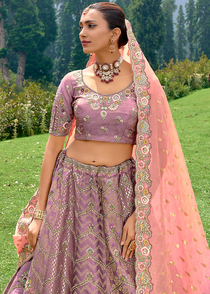 Soft Purple Dola Silk Lehenga Choli with Embroidery, Zari, Resham & Stone Work